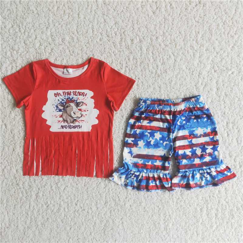 SALES NEW 4th of July girls heifer tassel top shorts sets