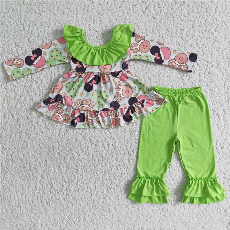 SALES NEW Girls Bow Detail Green Pants Set Cute Children's Outfit Toddler Girls Bowtie Green Leggings with White Top Kids' Fashion Set