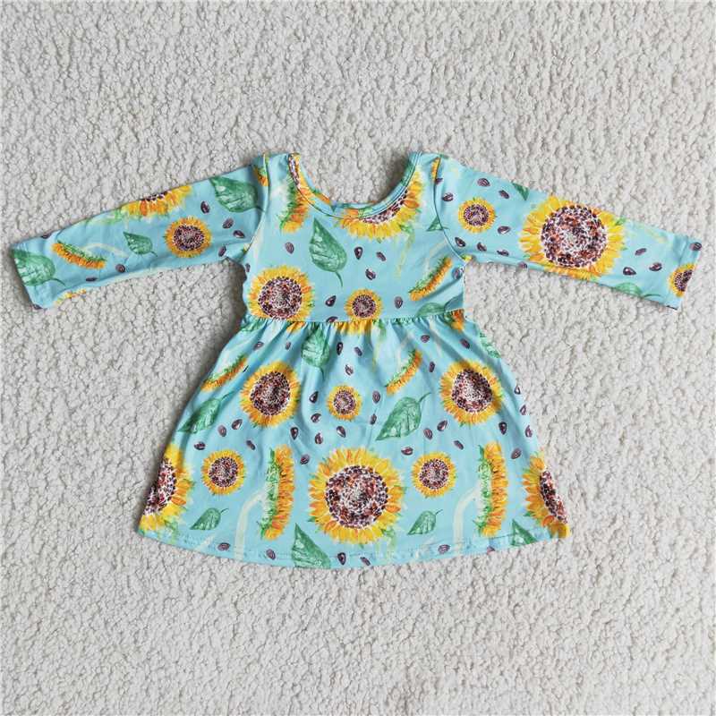 SALES NEW Kids Unisex Green Floral Sunflower Print Cotton Dress Spring Autumn Casual Comfortable Children's Dress
