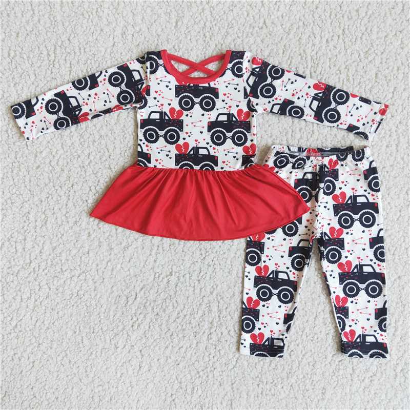 SALES NEW Valentines Red Tractor Kids Legging Sets Baby Boys Girls Clothing Outfit Toddler Kids Love Heart Print Elastic Waist Pants