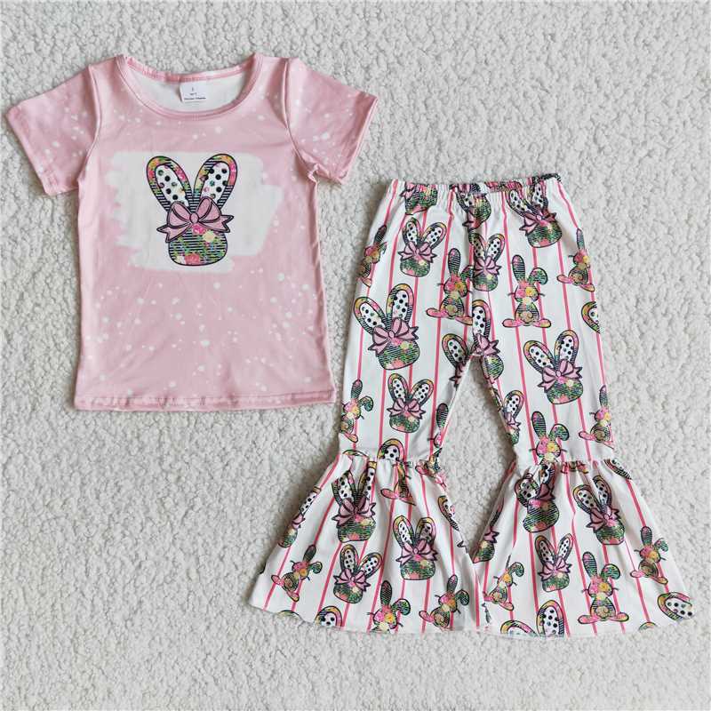 SALES NEW Baby Girls Easter Pink Short-Sleeve Bunny Motif Print Bell Bottom Pants Set