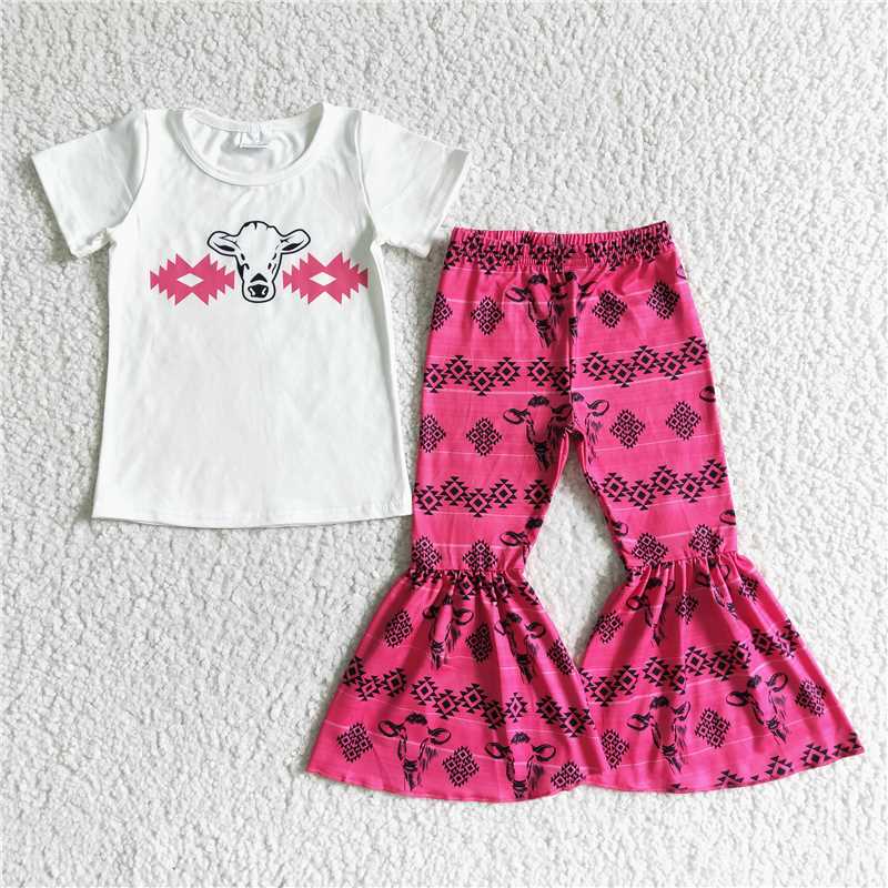 SALES NEW Baby Girls Western Cow Print Hot Pink Bell Pants Set Cute Children's Outfit with Matching Top for Girls