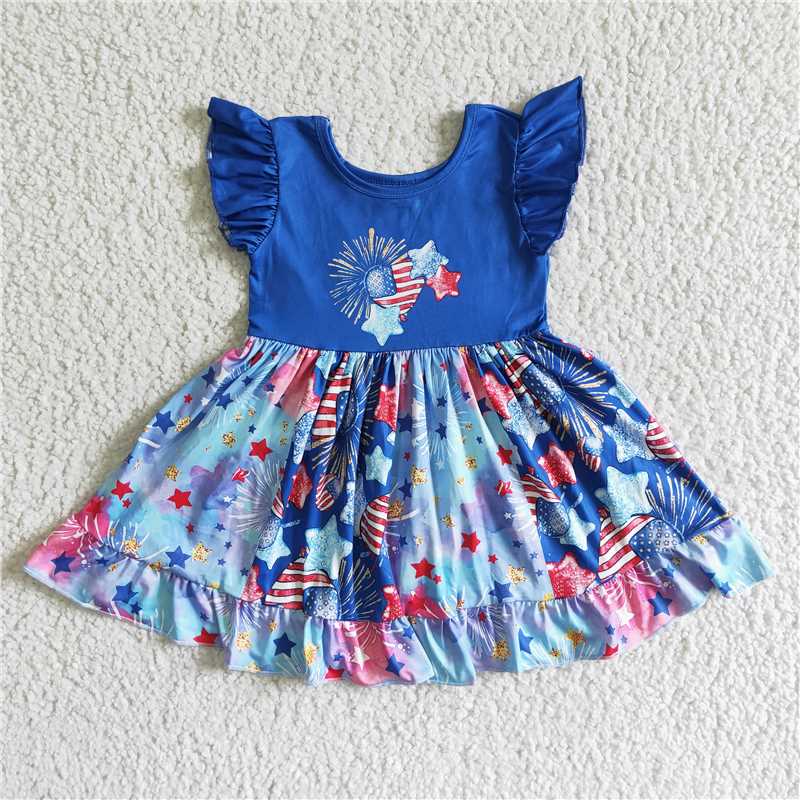 SALES NEW Baby Girls Ruffle Knee-Length Dress Firework Stars Print 4th of July Theme Girls