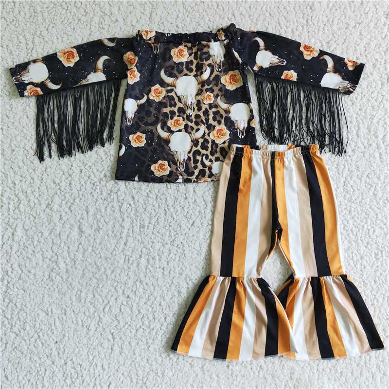 SALES NEW Baby Girls Leopard Cow Tassel Top And Stripe Bell Pants Outfit Set Cute Animal Print Clothing Ensemble for Infants