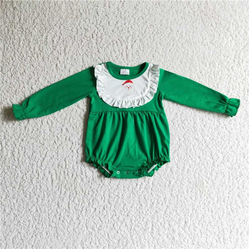 RTS NO MOQ Santa Claus Print White Pleated Round Neck Green Long Sleeve Dress & Romper & Top