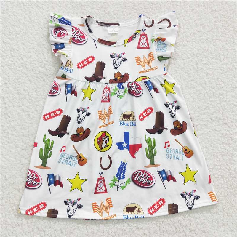 RTS NO MOQ Western Texas Dresses summer dress Girls HEB Cactus Boots Flying Sleeve Dress