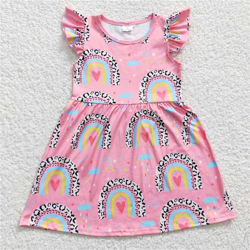 SALES NEW Baby Girls Rainbow Pearl Knee-Length Dress with Flutter Sleeves Cute And Elegant Children's Fashion frock