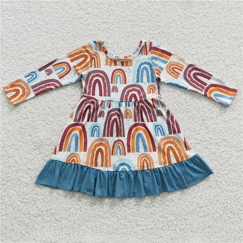 SALES NEW Baby Girls Rainbow Ruffle Knee-Length Dress Cute Children's Clothing Soft Material Comfortable to Wear for Little Girls