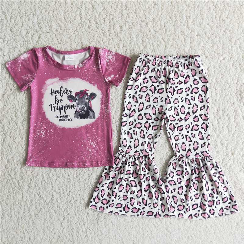 SALES NEW Baby Girls Bull Head Graphic Short Sleeve Top in Rose Pink with Leopard-Print Flared Pants Outfit for Infants
