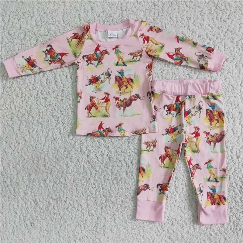 SALES NEW Baby Girls Western Pink Horse Pajamas Set Cute Children's Sleepwear Comfortable Soft Fabric Baby Outfits