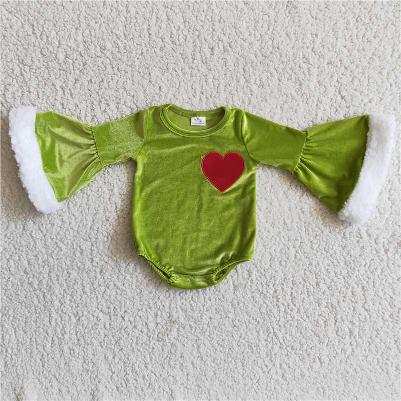 RTS NO MOQ 6A4-4 GLD0247 Valentine's Day embroidered heart pattern plush edge green romper & dress
