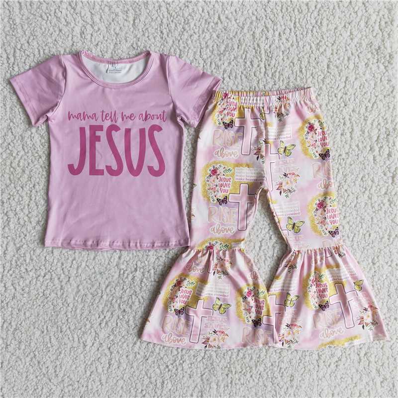 SALES NEW Girls Easter Outfit Pink Short Sleeve Top with Bell Pant Set for Spring Season