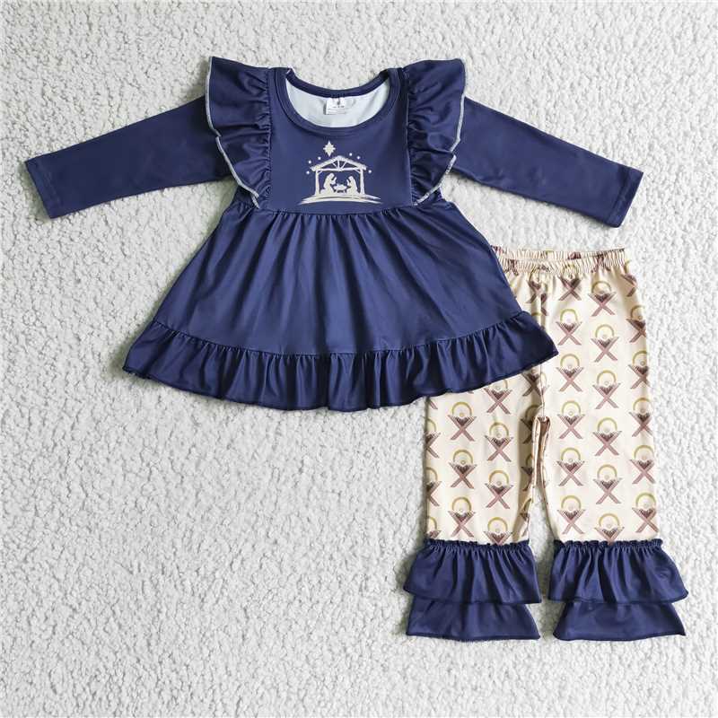 SALES NEW Girls Nativity Outfit Set with Golden Ruffle Pants - Religious Holiday Clothing for Kids