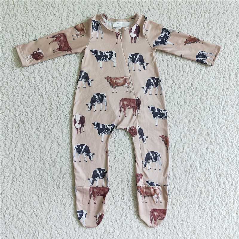 SALES NEW Baby kids long sleeve fall cow zip footie western rompers