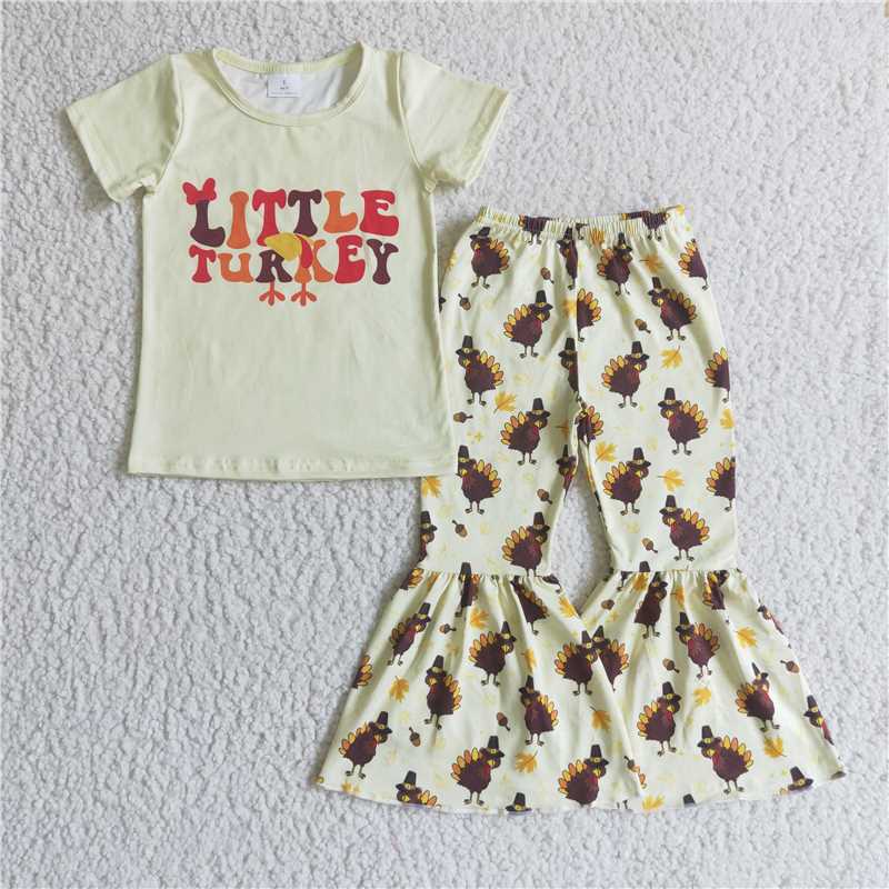 SALES NEW Baby Girls Thanksgiving Turkey Print Top And Bell Bottom Pants Set Cute Outfit for Little Ones