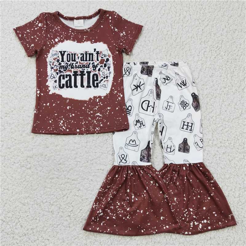 SALES NEW Baby Girls Brown Short Sleeve Western Cattle Print Bell Bottom Pants Outfit Set Cute Baby Clothing Set