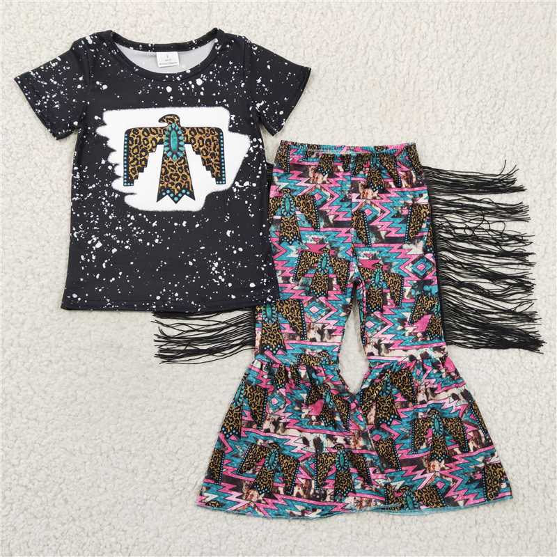 SALES NEW Baby Girls Western Black Bird Short Sleeve Outfit with Tassel Bell Pants Cute Print Baby Girl's Clothing Set