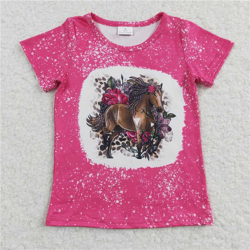 SALES NEW Baby Girls Hot Pink Horse Western Short Sleeve Shirt Tops Outfit for Little Girls