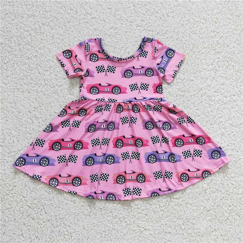 SALES NEW Baby Girls Racing Knee-Length Dress Cute Children's Clothing Pink Girls Dress Baby Girl Dress
