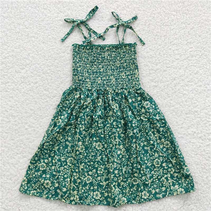 SALES NEW Baby Girls Elastic Knee Length Dresses Green Flowers Cute Baby Girl Dress Baby Clothing