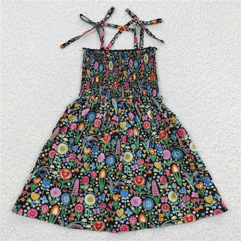 SALES NEW Baby Girls Colorful Flowers Knee-Length Elastic Dresses Cute Children's Clothing Soft Material Baby Girls Outfits