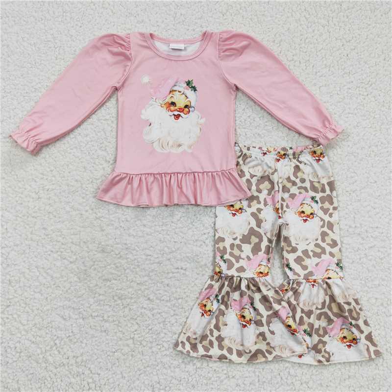 NEW RTS NO MOQ milk silk GLP0549 Baby Girls Christmas Pink Santa Print Long Sleeve Top Ruffle Pant Sets