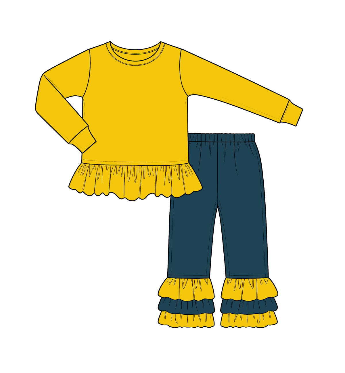 Custom moq 5 cotton fabric fall grils ruffle bow Yellow and blue long-sleeved lace top and trousers set blank offer custom logodie sets