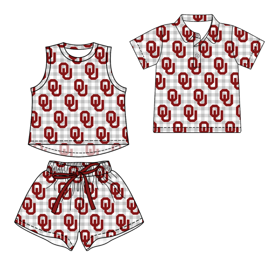 Custom moq 5 mix size milk silk summer teams Grey Checked Girls Sleeveless Top And Short Sets Boys Short Sleeve Button Polo Shirt Top