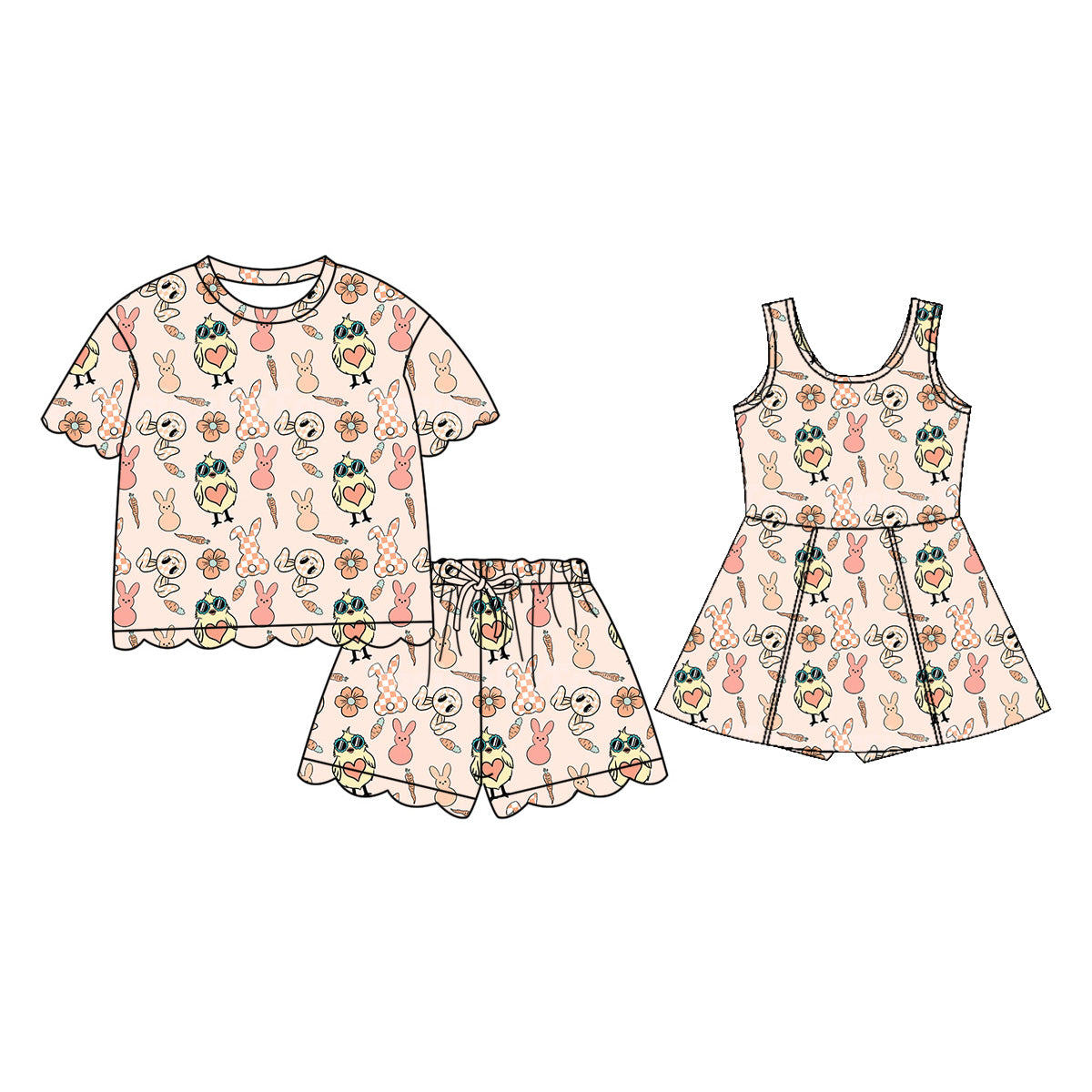 Custom moq 5 mix size Sibling Baby Girl's Easter Bunny Print Short-Sleeved Pajama Set Yoga Dress