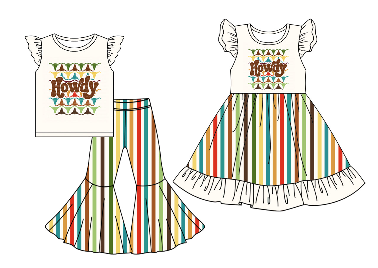 5.2 custom each style moq 5eta 4-6week Sibling Sister HOWDY baby girl pants sets and dress match family design