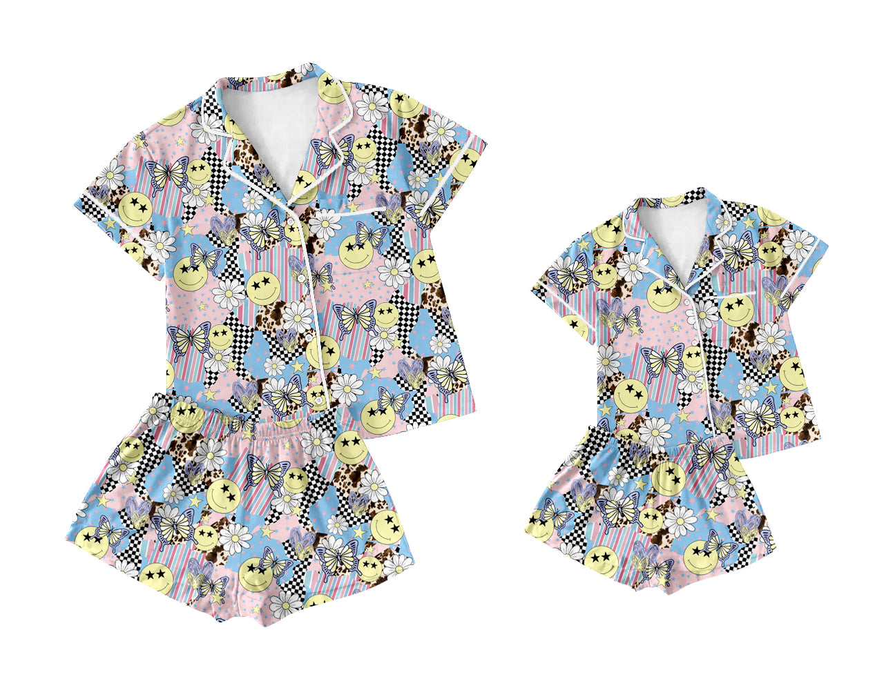 12.28 custom each style moq 5eta 4-6week Sibling Sister smiley floral short sleeve shorts sets and adult sets match design