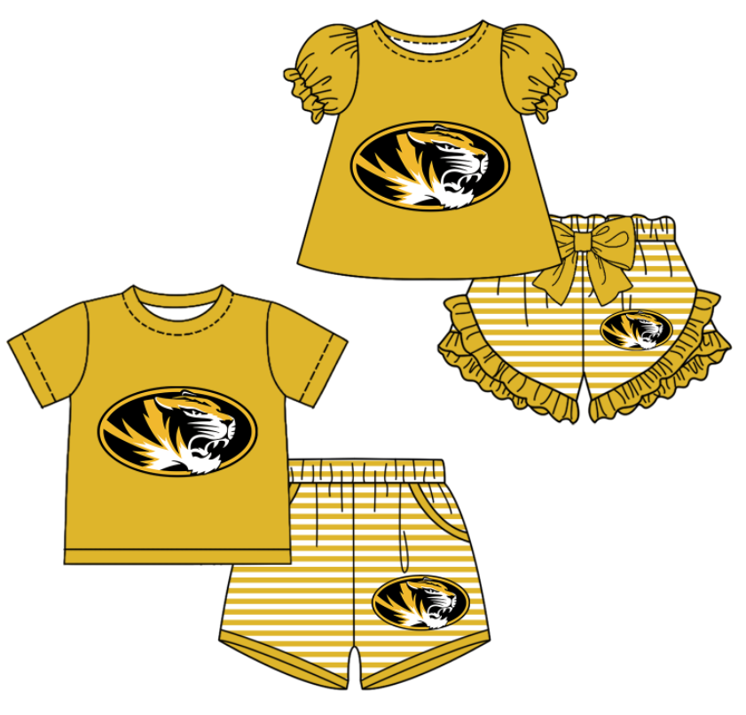 Custom moq 5 mix size milk silk summer teams yellow Baby Girl Boy Short-Sleeved Shorts Set Toddler Kids Clothing Set