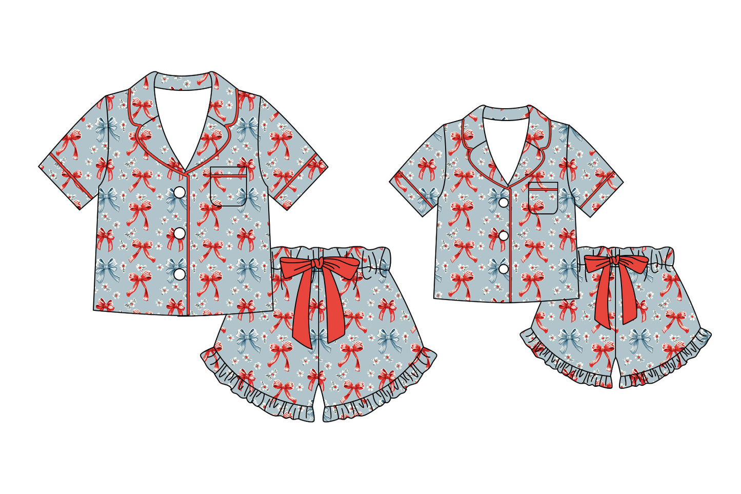 Custom moq 5 mix size Sibling Mom And Me 4th of July Bow Print Pajama Set Short-Sleeved Top And Shorts Matching Sleepwear