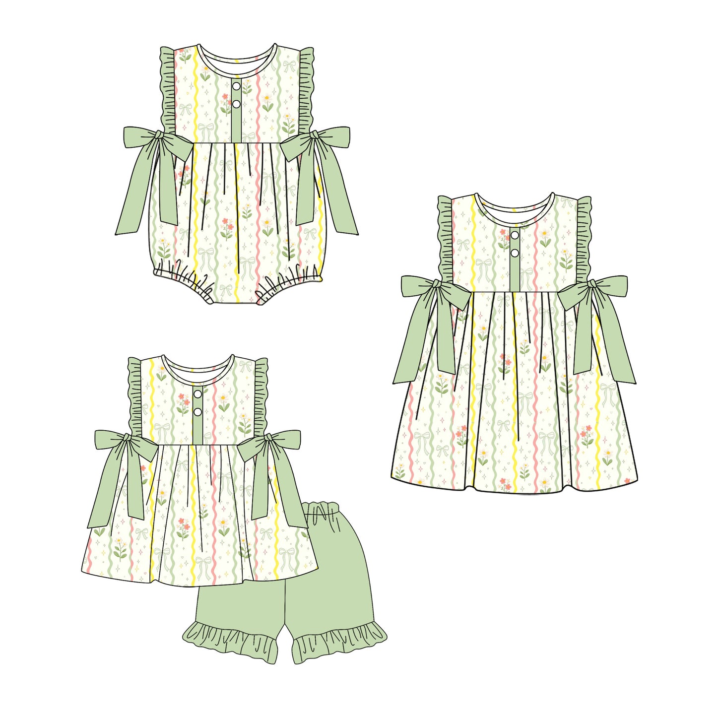 4.1 Custom moq 5 mix size Sibling Baby Girl's Green Sleeveless Tunic Ruffle Shorts Set Cute Romper Dress for Summer