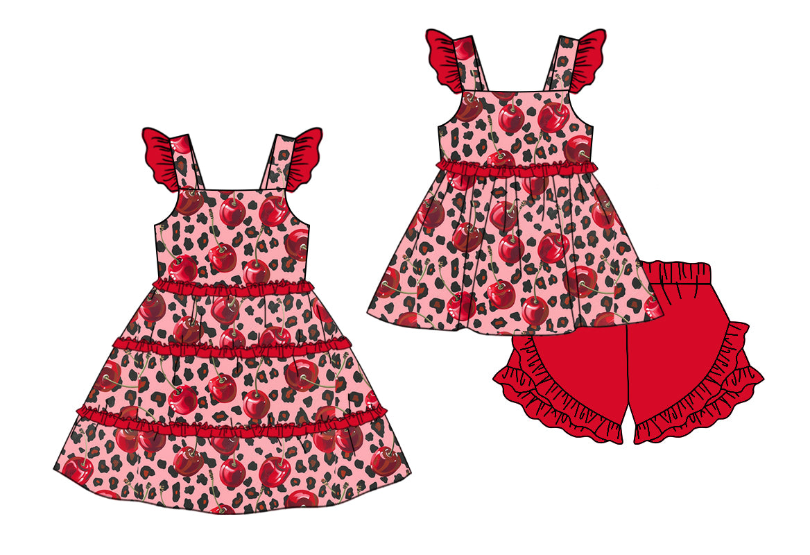 12.9custom each style moq 5eta 4-6week Sibling Sister cherry baby girl short sleeve shorts sets and dresses match design
