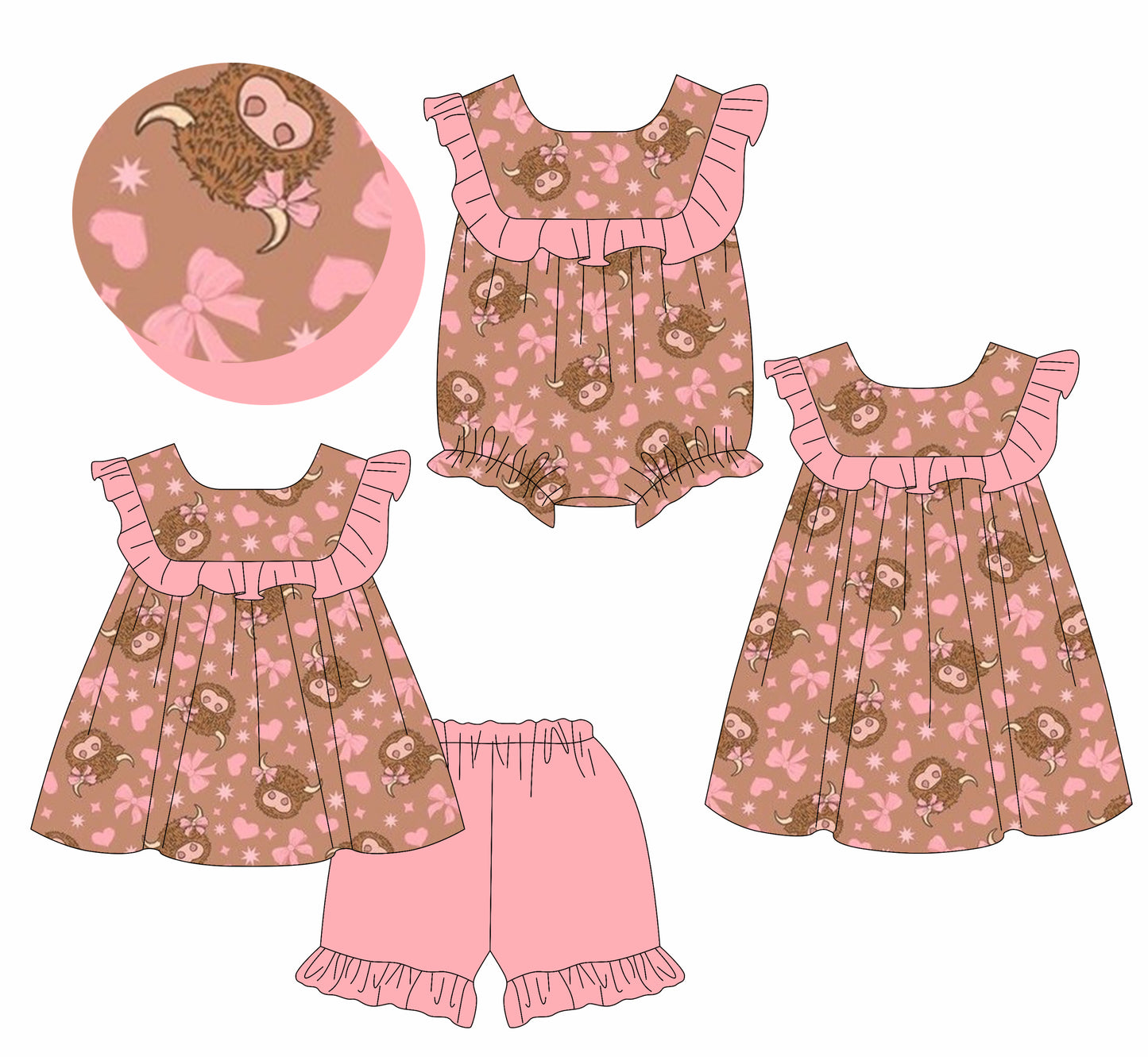 2.28 custom each style moq 5eta 4-6week Sibling Sister cow head bow baby girl short sleeve shorts sets and dress and rompers match family design