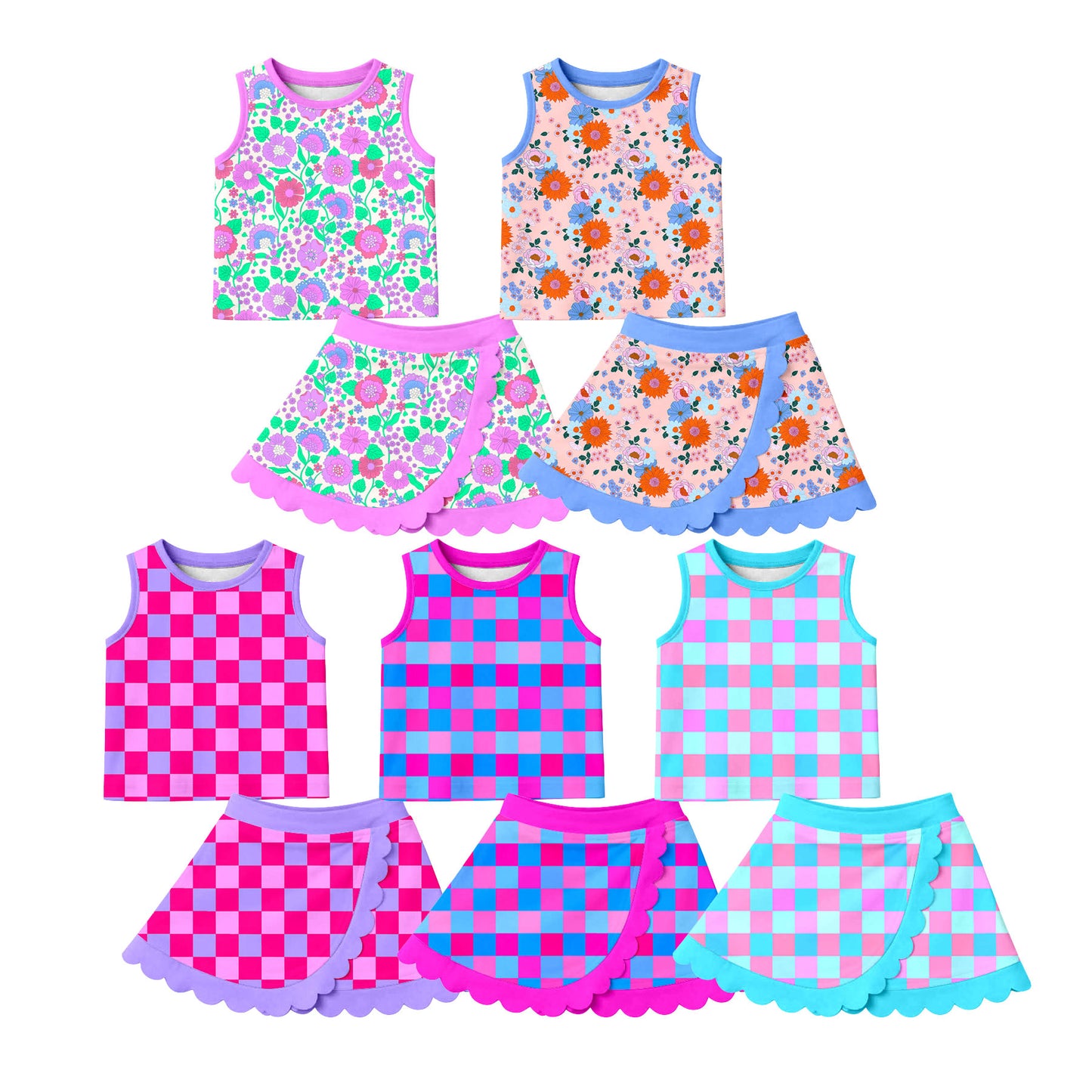3.30 Custom moq 5 mix size Sibling Baby Girls Sleeveless Flowers Checked Vest Scallop Skirt Short Yoga Active Clothes Set