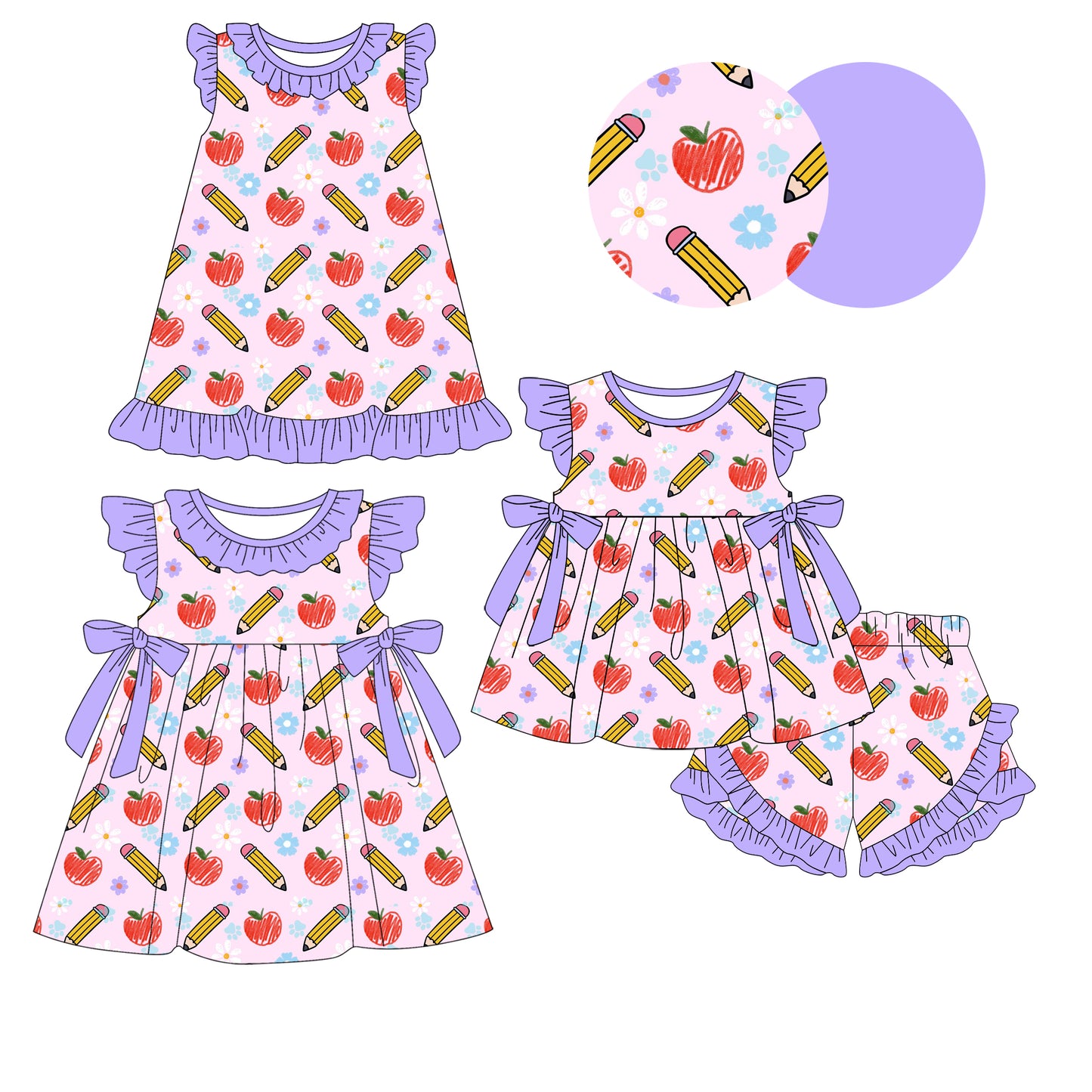 25.12.16 custom each style moq 5 eta 6-8week Sibling Sister apple pencil baby short sleeve shorts sets and romper and dress match design