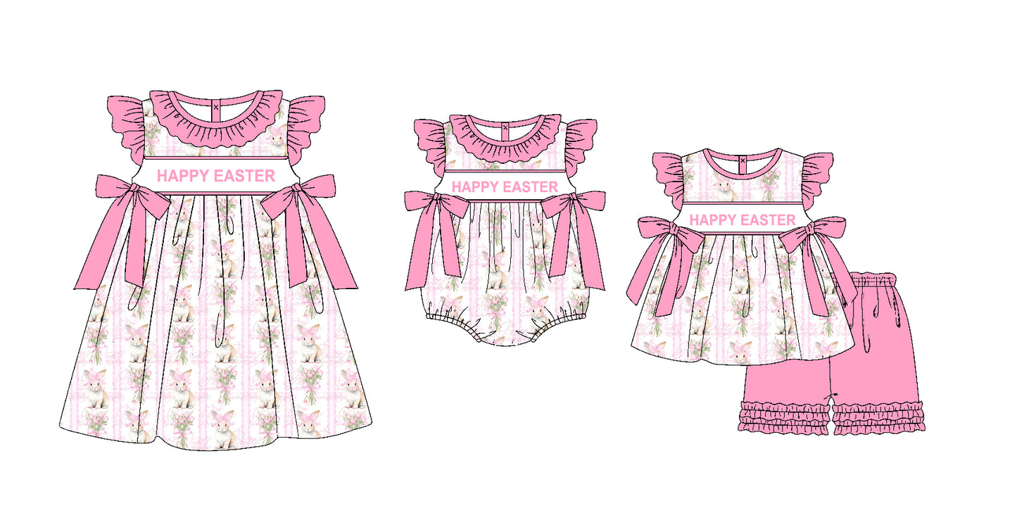 11.20 custom each style moq 5eta 4-6week Sibling Sister HAPPY EASTER rabbit baby girl short sleeve shorts sets and dress and rompers match family design