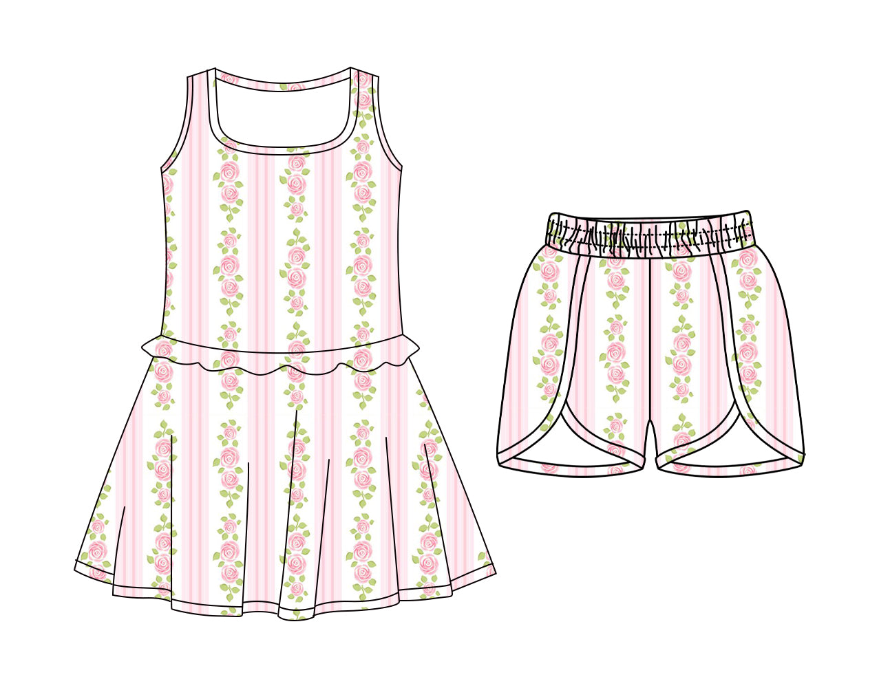 Custom moq 5 mix size Baby Girls Pink Floral Print Sleeveless Dress with Elastic Waist Shorts