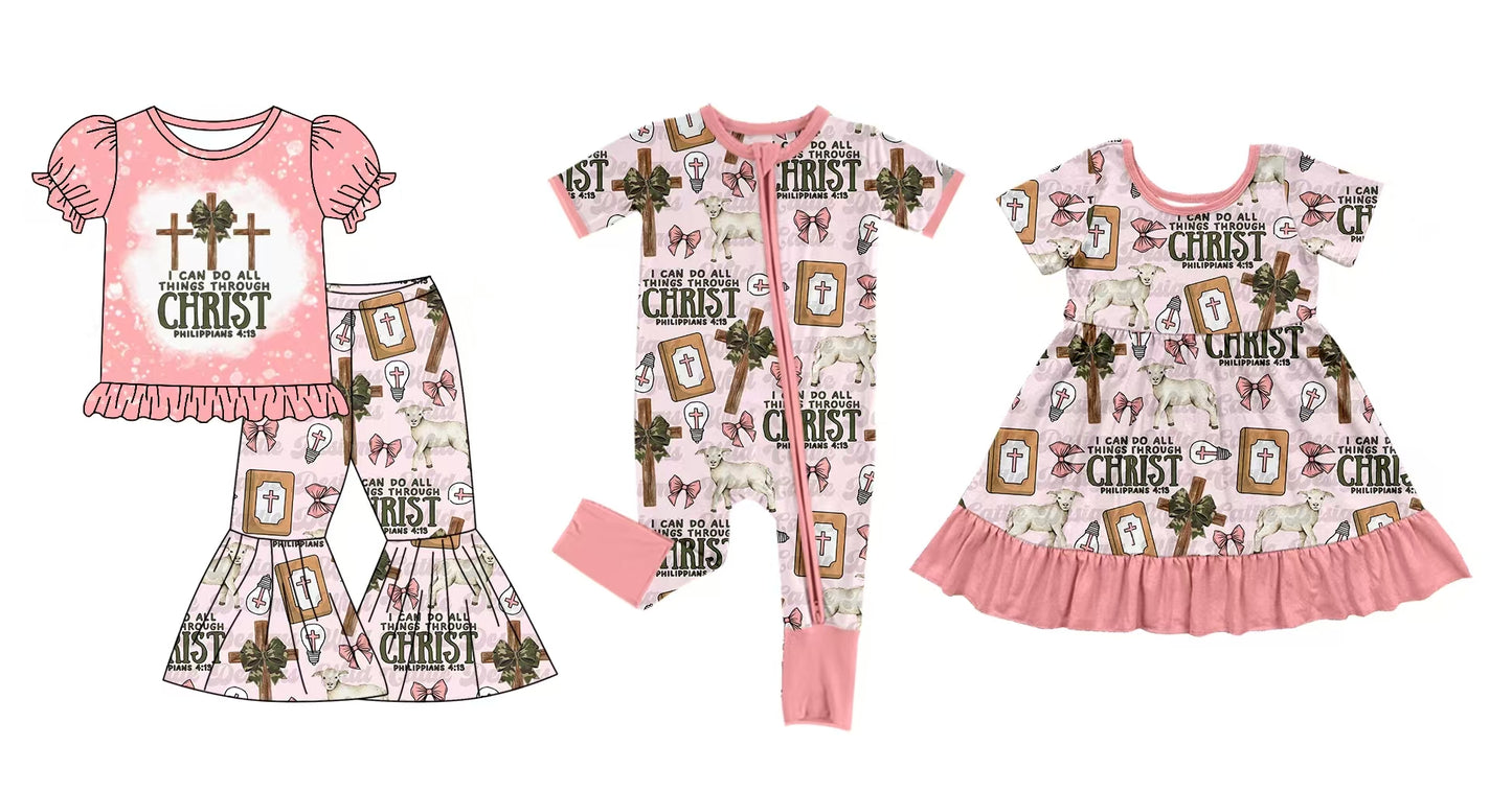 12.5 custom each style moq 5eta 4-6week Sibling Sister CHRIST easter bow baby girl sets and dress and rompers match family design