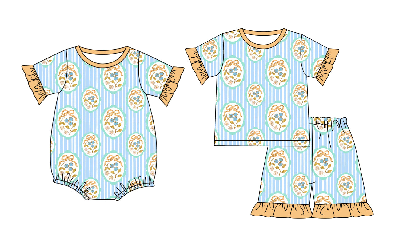 Custom moq 5 mix size Sibling orange Short-Sleeved Baby Girl Pajama Set with Top And Shorts Romper for Little Ones
