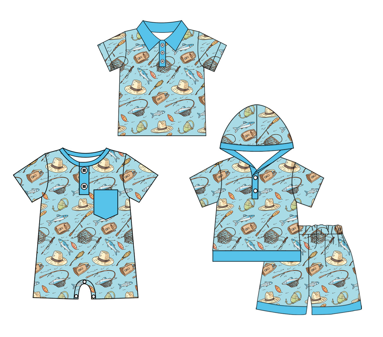 11.25 custom each style moq 5eta 4-6week Sibling Sister fish hat baby boy short sleeve shorts sets and boy romper and top match design