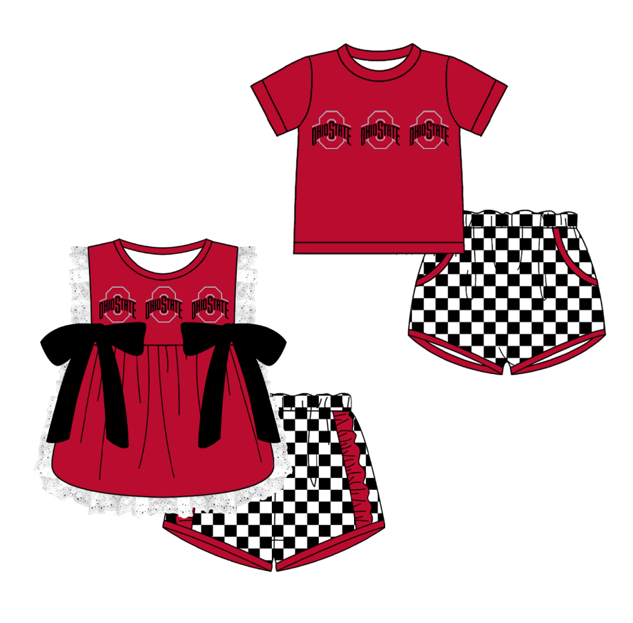 Custom moq 5 mix size milk silk summer teams Red Girl Sleeveless Top And Plaid Shorts Set with Bow Boy Short Sleeved Top And Plaid Shorts Set