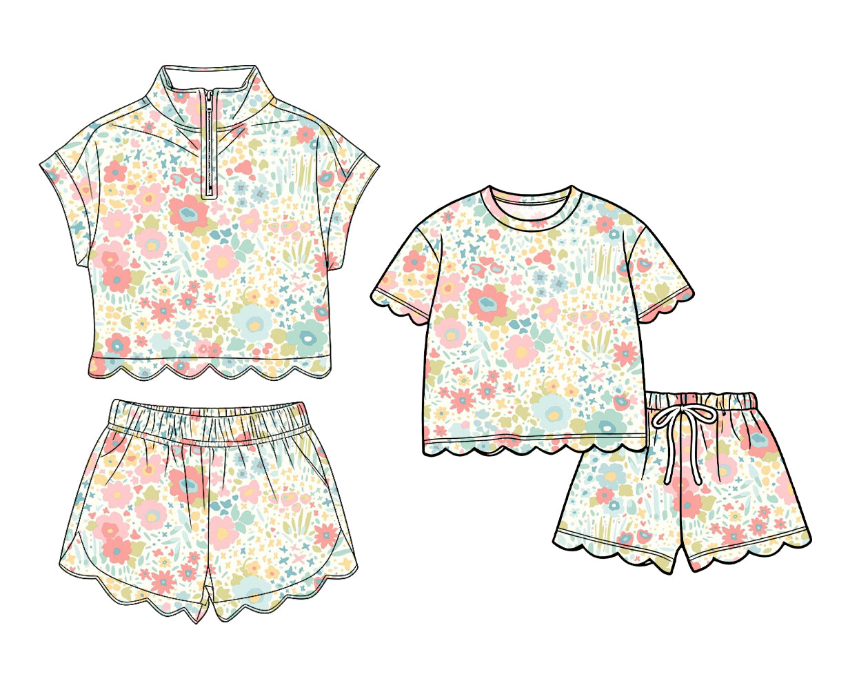 3.16 Custom moq 5 mix size Sibling Baby Girls Scallop Flowers Top And Shorts Outfit Set Cute Baby Girl Clothing Set