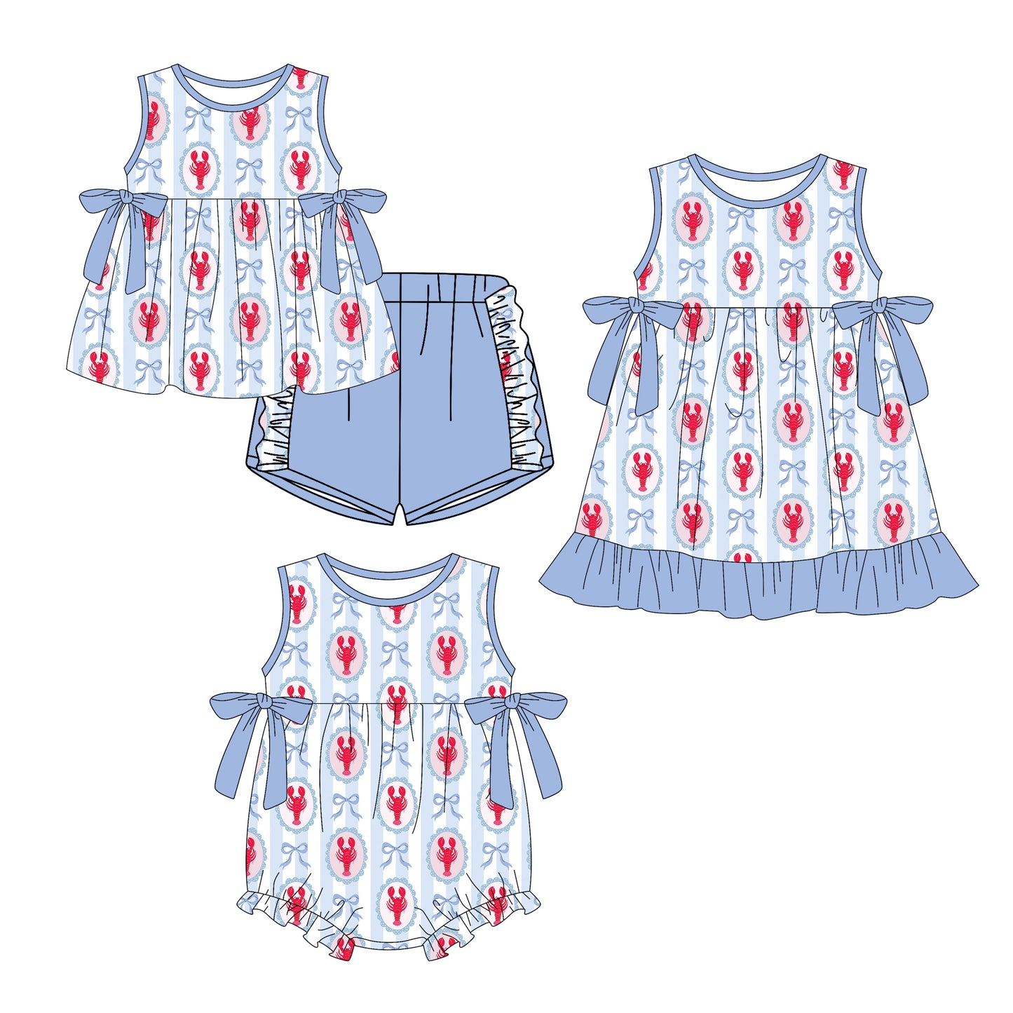 25.12.17 custom each style moq 5 eta 6-8week Sibling Sister lobster bow baby short sleeve shorts sets and romper and dress match design