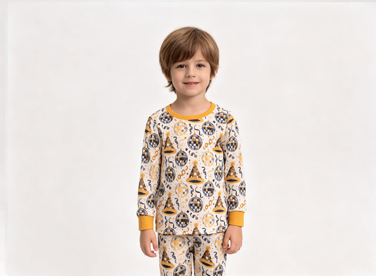 (Sample) No moq milk silk BLP1534 Baby Boys Stars Lights Top Pant Happy New Year Pajamas Sets Winter Holiday Sleep Outfit