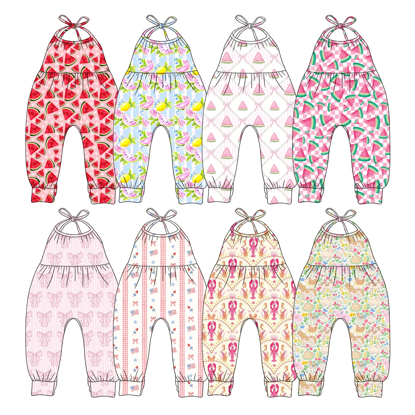 Custom moq 5 mix size Sibling Sleeveless Printed Jumpsuit for Baby Girls Summer Romper