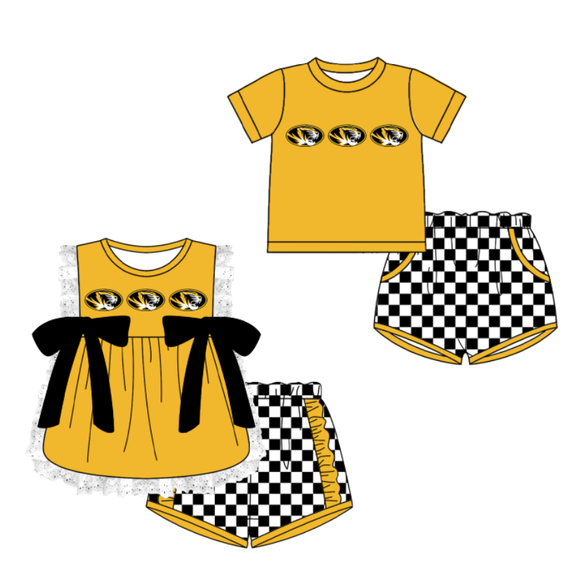 Custom moq 5 mix size milk silk summer teams Yellow Girl Sleeveless Top And Plaid Shorts Set with Bow Boy Short Sleeved Top And Plaid Shorts Set