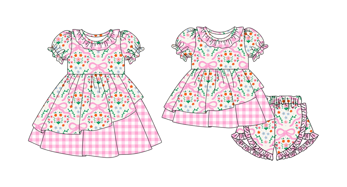 26.1.10 custom each style moq 5 eta 6-8week Sibling Sister floral bow baby short sleeve shorts sets and dress match design